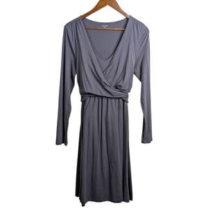 Garnet Hill Knit Dress Medium Gray Draped Bodice Faux Wrap Long Sleeve Career